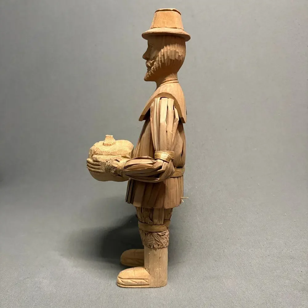 Handcrafted Man Woman Turkey Figurines‎ Thanksgiving Decor Straw Wood Corn Husks